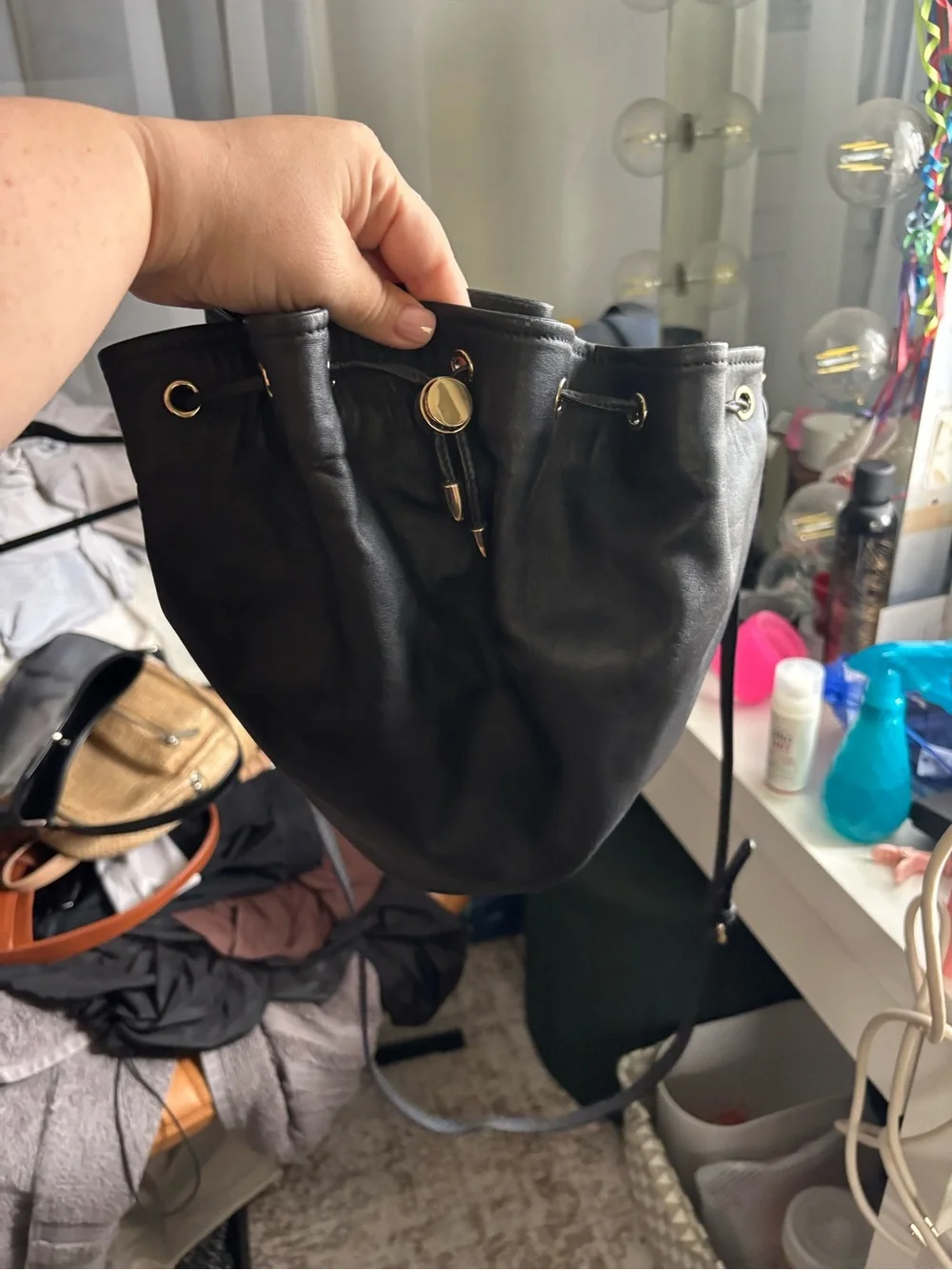 Antonio Melani Black Drawstring Leather Bucket Bag - Women's Crossbody